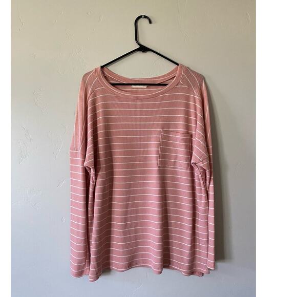 Pink Striped Waffle Knit Long Sleeved Pocket Shirt - Picture 1 of 5